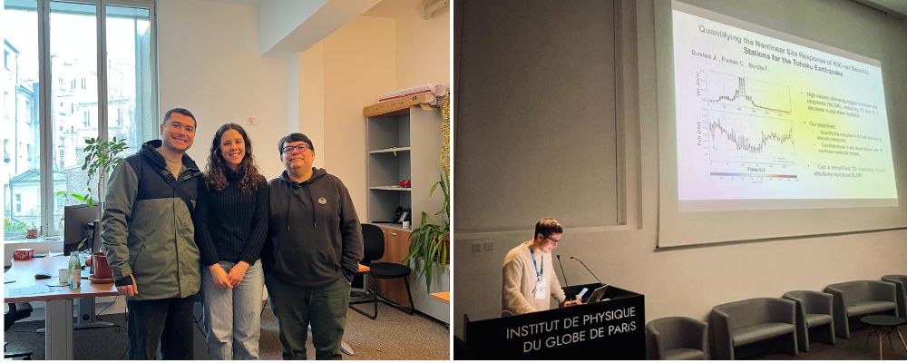José Bustos junto a Alessandra Schibuola y Fabián Bonilla; José exponiendo en Institut de Physique du Globe de París
